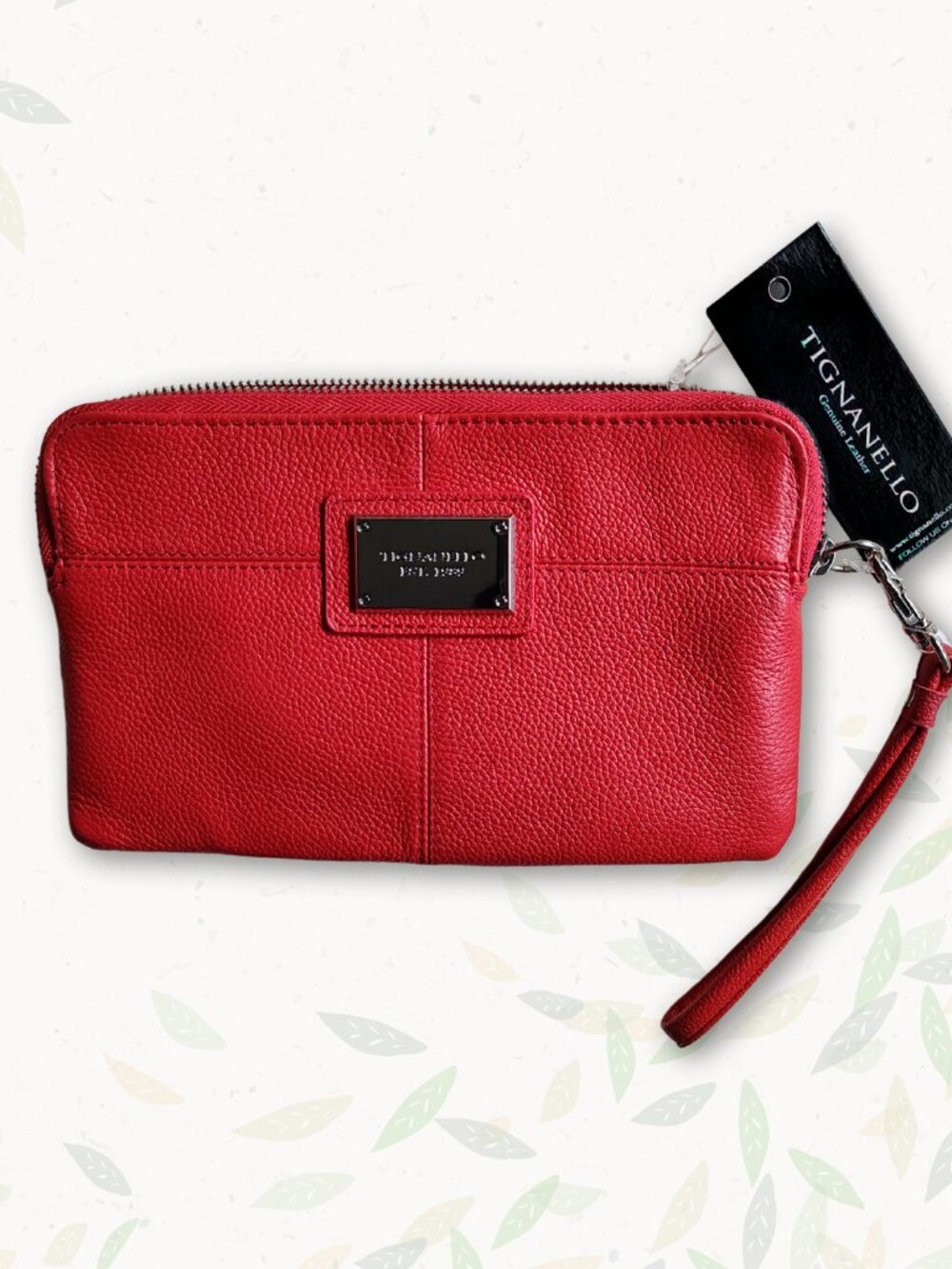 Tignanello Tomato Red-Pebbled Leather Wristlet w/Retro Striped Inside - 8" x 5"